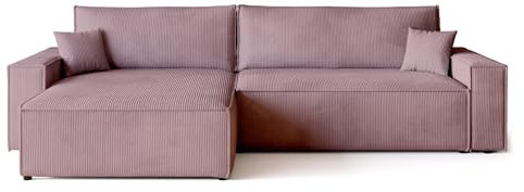BROMARKT Sofa mit Schlaffunktion Couch L Cordstoff Sofa Bettkasten Schlafsofa für Wohnzimmer Ecksofa freistehend Adi XL Relaxsofa 3 sitzer 272x143x85 cm Rosa