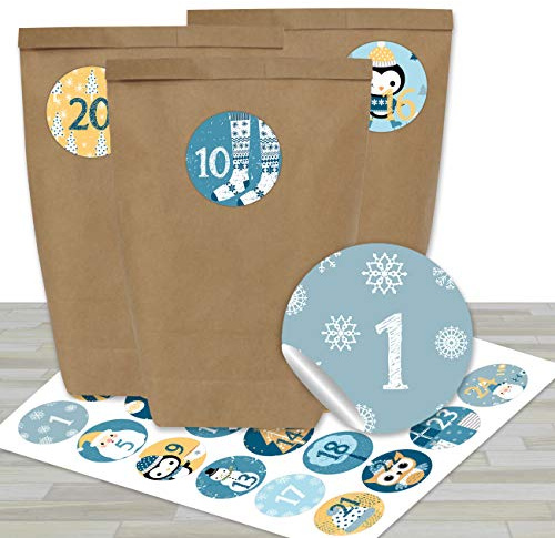 Papierdrachen Adventskalender 2026 - Mini Set Nr. 31 | 24 braune Papiertüten - inkl. blau-gelbe Zahlenaufklebern - zum Selbstbasteln - Weihnachtskalender für Kinder - Advent