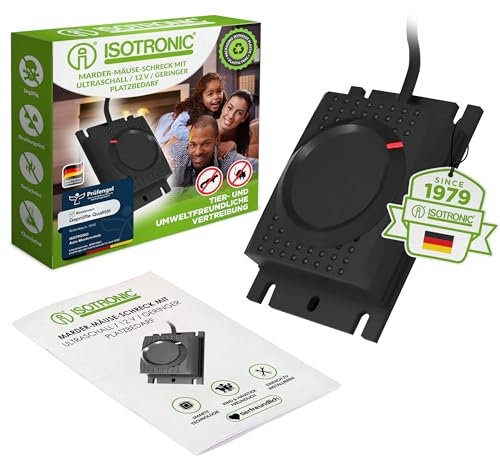 ISOTRONIC Marderschreck 12V | Marderabwehr Ultraschall für Auto, Garage, Carport | vertreibt Marder, Mäuse, Ratten | 40 m² Innenraum und Fahrzeug, mardersicher