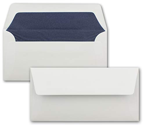 75 Briefumschläge Weiß - DIN Lang - gefüttert mit dunkelblauem Seidenpapier - 22 x 11 cm - Nassklebung, gerade Klappe - Ideal für Einladungen und Grüße zu Geburtstag und Weihnachten