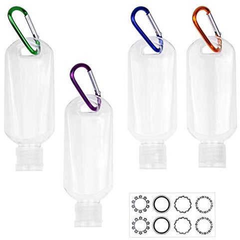 Kare & Kind Clear Portable Travel Bottles - 4x Empty Bottles with Flip Top Caps, 4x Carabiner, 1x Sticker Label Sheets - up to 50 ML -For Hand Sanitizers, Disinfectant Alcohol, Liquids, Toiletries