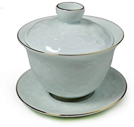Gaiwan Chinesische Sancai Terrine-Tablett, Tasse, Teeset, Schüssel, Deckel, zarter goldfarbener Draht (geprägte Blüte)