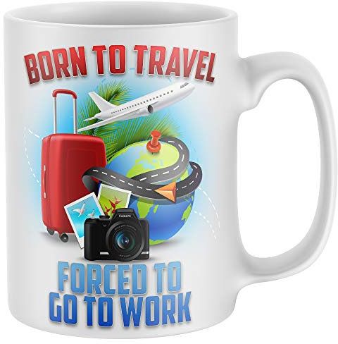 Purple Print House Born To Travel Forced To Go To Work Mug - Funny Birthday Travelling Gifts For Him or Her - Traveller Coffee Cup, White, One Size
