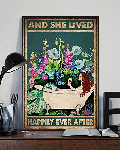 Inga Love Mermaid Poster Love Wine Poster Meerjungfrau Vintage Poster And She Lived Happily Ever After Vintage Poster Mermaid Wine Poster Lustiges Geschenk Metallschilder 20,3 x 30,5 cm