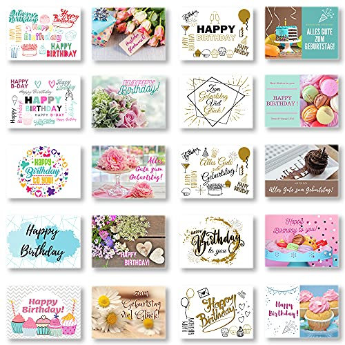Domelo Geburtstagskarten 20er Set mit Umschlag, Happy Birthday Postkarten, Kraftpapier Karten zum Geburtstag, Geburtstagskarte für Mann/Frau/Kinder, Postkarte als Grußkarten (Set 2)