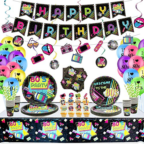 Hegbolke 80s Articles de fête - Retour aux décorations de fête des années 80 Comprenant des tourbillons Suspendus, des Assiettes, des Tasses, des Serviettes, Une Nappe, Une bannière, des Ballons(A)