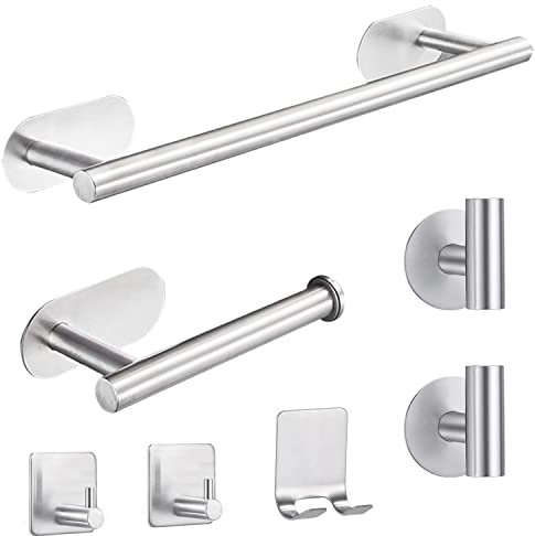 Laimew Juego de Toallero de Baño, 7 PCS sin Taladro, Accesorios Acero Inoxidable, Contiene Toallero Adhesivo, Portarrollos para Papel, Gancho para Toallas, Gancho Pared