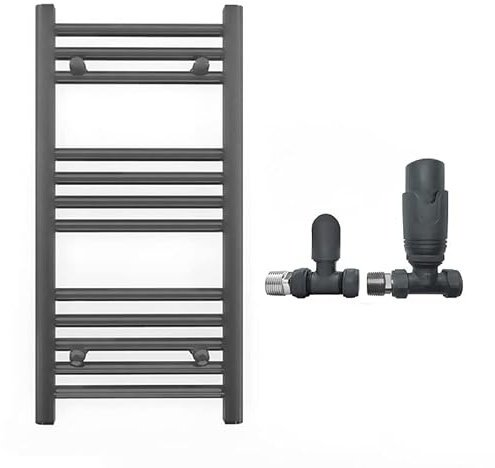 300mm Wide Straight Anthracite Grey Heated Bathroom Towel Rail Radiator With Valves For Central Heating UK (With TRV Straight Valves, 300 x 700 mm (h))