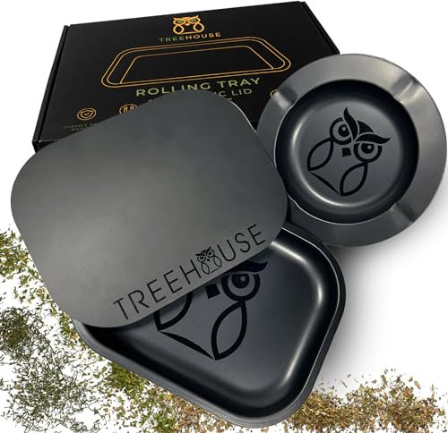 Black Treehouse Rolling Tray Set with PVC Soft Magnetic Lid, Ashtray Included for Home Storage or Travel - 7 x 5.5, Small, Cute