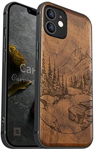 Carveit Coque en Bois pour iPhone 12 Compatible avec MagSafe et Chargement sans Fil Étui de téléphone Antichoc de 12 Etui magnétique Souple TPU Silicone Bumper (Noyer-Paysage Naturel Sauvage)