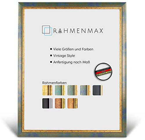 RahmenMax® Elsass Bilderrahmen 32x47 cm zum Aufhängen/Vintage Bilderrahmen Maßanfertigung möglich/Posterrahmen aus Holz/Bilder Rahmen in Blau-Gold mit Acrylglas/Puzzle Rahmen