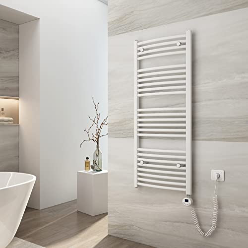 EMKE Handtuchheizkörper Elektrisch 120x50 cm, Gebogen Badheizkörper Elektrisch mit Thermostat, Handtuchtrockner Handtuchwärmer mit Timer Weiß 500 Watt