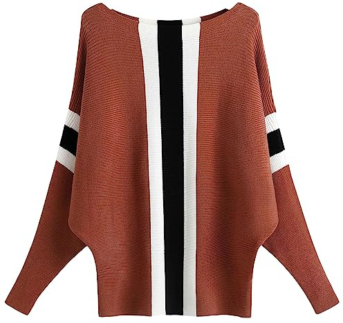 FULIER Pull Femme Col Bateau Pull Tricoté Bat Manches Longues Casual Loose Sweater Taille Unique (Camel-2)