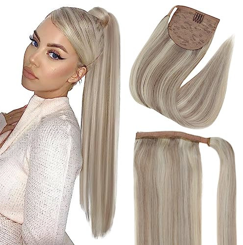 Fshine Pferdeschwanz Haarteil 40cm Echthaar Brasilianisch 80g 1 Stück Aschblond Mixed Bleach Blonde Highlight Echte Haar Verlängerung Ponytail Remy Haar in der Farbe 18P613