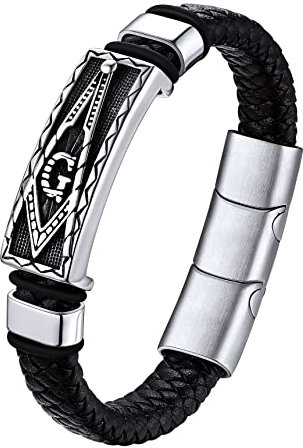 Bestyle Lederarmband Männer Edelstahl Freimaurerei Armbänder mit Magnet Verschluss für Herren Echtlederarmband geflochten Armkette Armbänder, 23cm, Silber