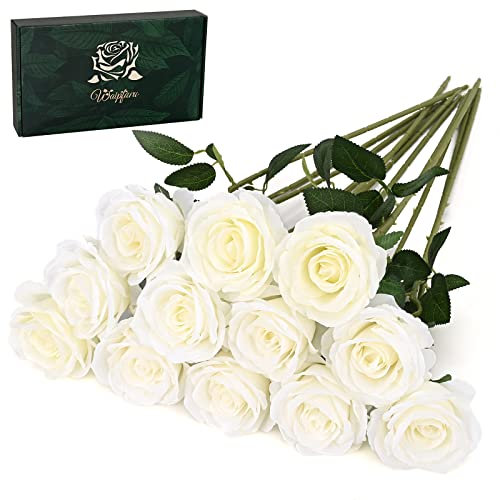Waipfaru 12 Stück künstliche Blumen, künstliche Seide, weiße Rosen, Kunstrosen, fühlt sich echt an, Blumenstrauß mit langem Stiel für Hochzeit, Party, Heimdekoration (weiß)