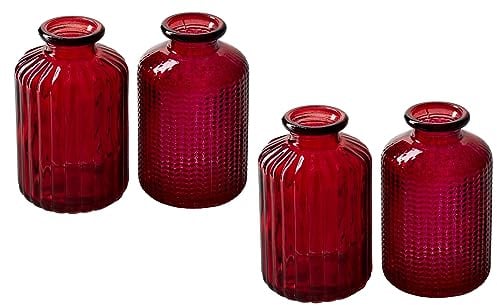 4er Set Glasflaschen Jazz rot - kleine Vase, Blumenvase, Tischdekoration, Glasvasen, Landhaus