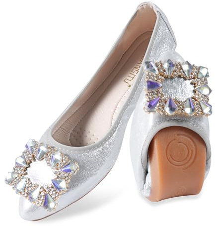 MACHSWON Women's Ballet Flats Sparkly Buckle Rhinestone Wedding Ballerina Shoes Foldable Portable Comfort Slip on Flat Walking Shoes(Silver-1, Size 8.5)
