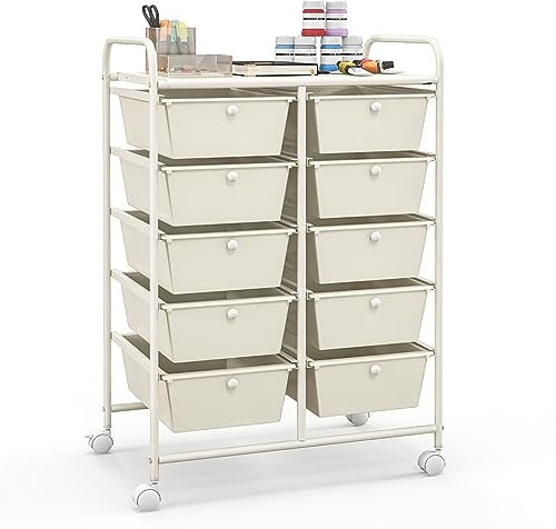 TANGZON 10 Drawers Storage Cart, Rolling Utility Cart with Lockable Wheels, Multipurpose Mobile Organizer Trolley for Home Office Stationery Beauty & Salon (Cream White)