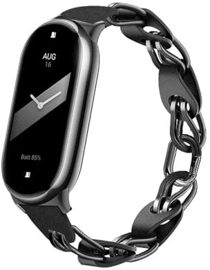 XIHAMA Armband Kompatibel mit Xiaomi Mi Band 8, Ersatzband durchbrochenes Design Edelstahl Ring Lederkette Gürtel Mi Band 9 Gürtel Elegantes Armband für Damen Uhrenarmbänder(Schwarz)