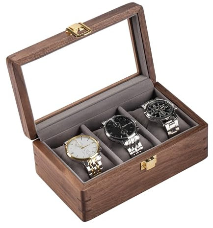 muso wood holz Uhrenbox aus luxuriös massives nordamerikanisches Walnussholz mit Glasfenster Metallverschluss für 3 Uhren Uhrenkasten Uhrenaufbewahrung 20x12x8.5cm