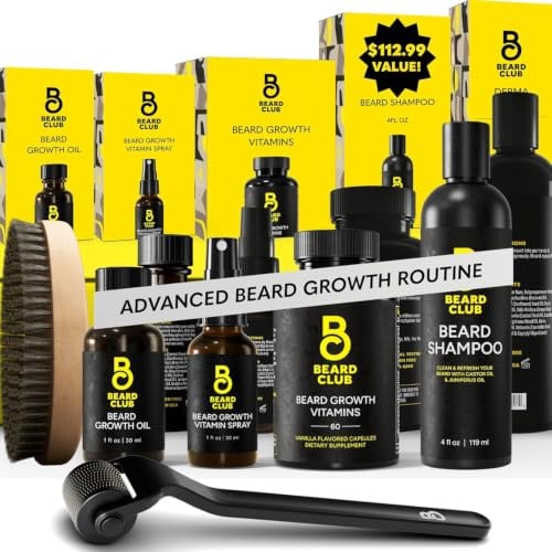 Beard Club Advanced Beard Growth Kit - Derma Roller, Beard Oil, Vitamins and Beard Spray, Beard Shampoo and Beard Brush - Geschenk Set