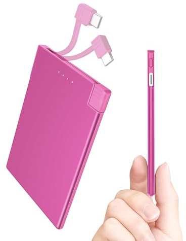 TNTOR Power Bank, 3500mAh Ultra Slim Powerbank, externer Akku externes Ladegerät mit intregierten USB C Kabel Kompatibel mit iPhone 15-Serie, Samsung, Sony Xiaomi usw- Rosa