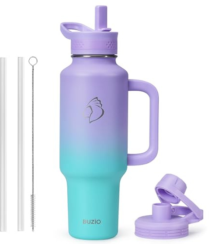BUZIO Insulated Tumbler Fits in Cupholder, Stainless Steel Double Wall Water Bottle 40oz with Straw and Handle, Leak-proof BPA-Free Travel Cup Insulated Water Flask for Hot and Cold, Dark Purple Green