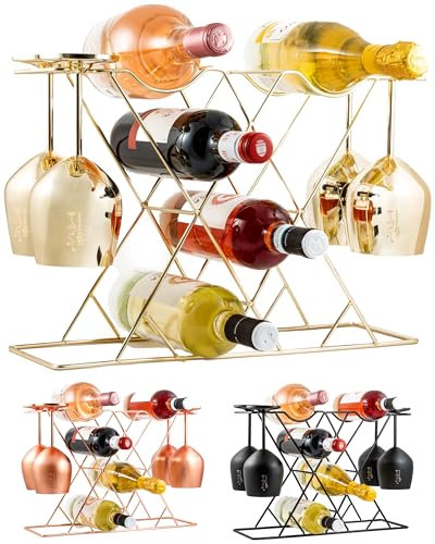 Gusto Nostro Portabottiglie Vino Design da Tavola con Porta Calici - Porta Vini e Porta Bicchieri per 8 bottiglie e 4 Calici - Porta Vino da Mobile, Scaffale, Porta bottiglie di Vino da Tavolo (Oro)