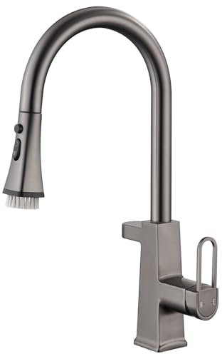 WPHH Grifo De Cocina Abatible Con Pantalla Digital, Grifo De Fregadero De Cocina Giratorio De Latón Con Rociador Extraíble De 3 Modos, Grifo Monomando De Cocina Frío Y Caliente,Gun gray