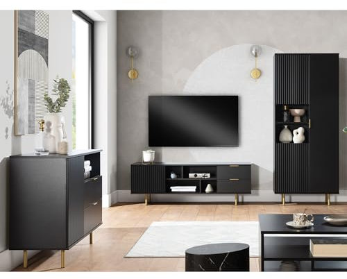 Wohnmöbel Set Wohnwand matt schwarz 3-teilig modern 1 Kommode, 1 Lowboard, 1 Vitrine
