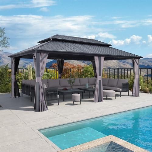 PURPLE LEAF Tonnelle de Jardin Exterieur 6 x 3,65 m Tonnelle Jardin avec Moustiquaire et Rideaux Pergola Aluminium à Double Toit Acier Galvanisé Tonnelles de Camping Imperméable pour Terrasse, Gris