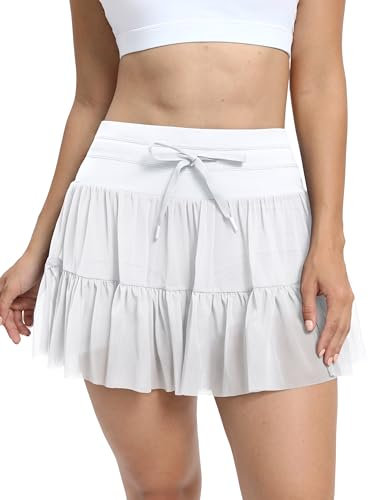 Supersun Kurze Hosen Damen Sommer Sport Skort Yoga Tennis Rock mit Taschen Gym Plissee Minirock Stretch Hohe Taille Hosenrock Leichter Fairy Tulle Skirt Nahtlos Shorts Weiß Größe L