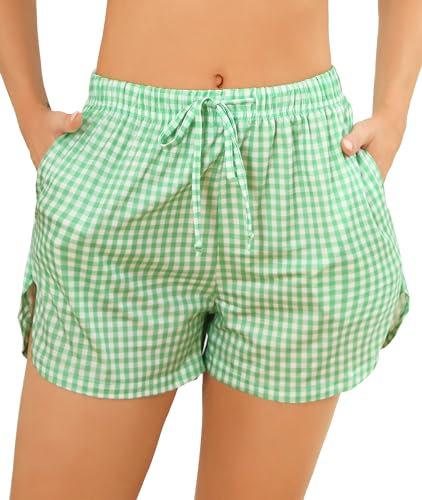 Wikoan Bas de Pyjama à Carreaux Femme Ete Short de Nuit avec Taille élastique Short de Pyjama Léger décontractée Shorts Vert Clair M