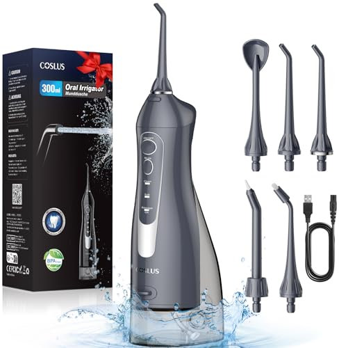 COSLUS Munddusche Kabellos Trragba Elektrische: 300ML WassertankTestsieger 2025 IPX7 Wasserdicht für Oral Health Enthusiasten Tägliche Tiefenreinigung Reinigung auf Reisen 5 Multifunktionale Jet-Tipps