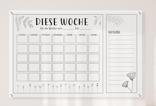 Queence Acrylglas Wochenplaner abwischbar 60x40 cm | Wochenplan transparent | Geburtstags-Kalender | wiederverwendbar | Familienplaner | Notizen | Terminkalender | Wandkalender | Monatskalender