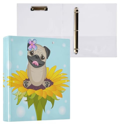 Сute Ordner mit 3 Ringen, Mops-Hund mit Sonnenblume, mit Klemmbrett, Aktenordner für Büro, Schule, mit Tasche
