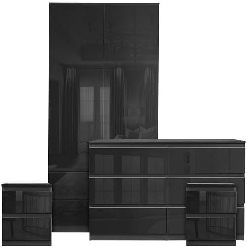Bedroom Wardrobes sets with 3 Door Wardrobe 2+2 Drawer Chest of Drawer 2x Bedside Cabinets Bedroom Set for 4 Piece Bedroom Storage furniture Set, Black