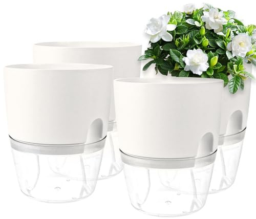 MUXHEL 4er-Set Kunststoff Blumentopf mit Bewässerungssystem, 15.3CM Kräutertopf mit Selbstbewässerung, blumentöpfe selbstwässernder, übertopf selbstwässernder, Pflanztopf mit Wasserspeicher