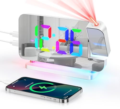 Euakee Réveil Numérique, Réveil avec Projection, Horloge Miroir LED 7.4, Veilleuse 10 Couleurs, Projecteur Rotatif 180°, Chargeur USB-C, Réveils Projection pour Enfants Chambre Filles Garçons (Blanc)
