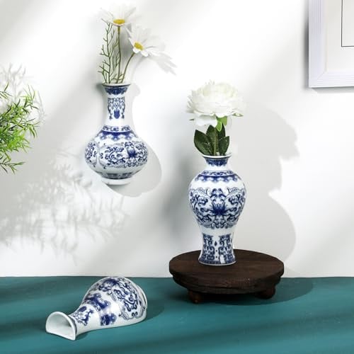 Set mit 3 kleinen blauen und weißen Chinoiserie-Vasen, Wandmontage, dekorative Keramik-Blumenvasen, 13 cm, 14 cm, Klassische Vase für Heimdekoration