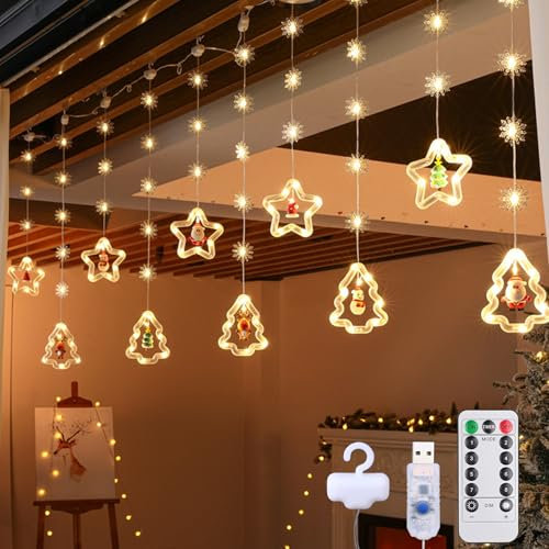 RANJIMA LED Weihnachtsbeleuchtung Fenster, 3M Weihnachtsdeko Sterne Lichtervorhang 8 Modi USB Fenster Beleuchtet Hängende Lichterkette Schneeflocken Deko Innen für Fensterdeko Weihnachten, Warmweiß