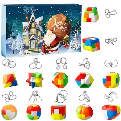 Adventskalender 2024-Puzzle, 24 Tage Weihnachts-Countdown-Kalender-Puzzle mit Metall-Gehirn-Rätsel für Kinder und Erwachsene Herausforderung (Kunststoff)