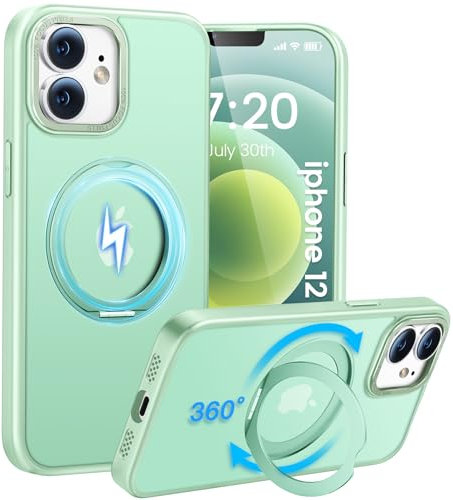 HuwaiH handyhülle für iPhone 12/12 pro Hülle, [360° Magnetischer Ring Ständer ] [mit Mag-Safe] [Transluzente Matte] Stoßfeste Kratzfeste Schutzhülle für iPhone 12/12 pro (Hellgrün)