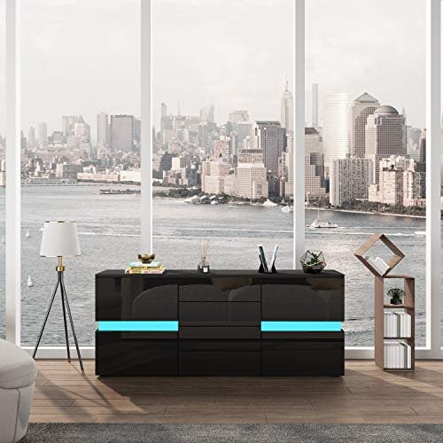 Komtopod Sideboard TV Unit Black Gloss Cabinet with 4 Drawers 2 Doors Modern TV Stand Side Unit with Led Lights 177cm for Living Room Hallways