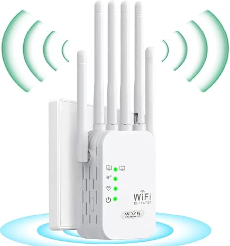 Répéteur WiFi, Amplificateur de Signal WiFi, Extension WiFi Booster, 6 antennes, 2 Ports LAN, Couverture jusqu'à 300 mètres carrés Amplificateur WiFi Facile à Utiliser pour la Maison et Le Bureau.