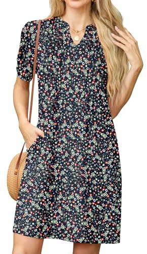 GRECERELLE Womens Dresses Summer Casual Short Sleeve V Neck Shift Dress for Women Ladies T Shirt Dress with Pockets (Navy with White Flower, L)