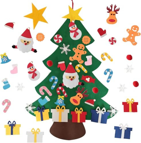 BAZARABO ESPAÑA Árbol de Navidad de Fieltro para Niños - 102 cm de Alto y 70 cm de Ancho - Incluye 25 Adornos Removibles - Decoración y Juego Navideños - Tamaño y Material Adecuados para Niños