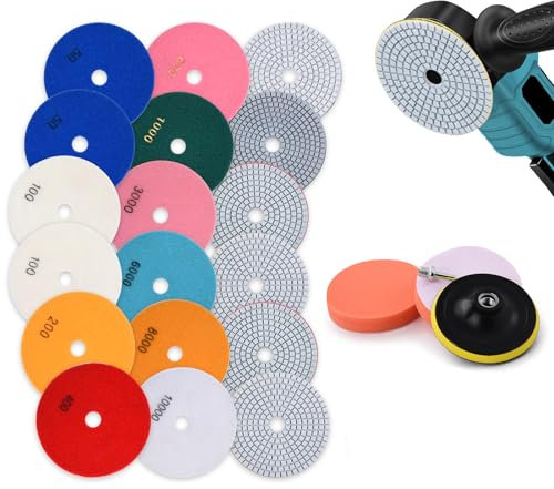 Lot de 16 disques de polissage diamantés avec plaque de support en caoutchouc M14 - Feutre de laine - 125 mm - Pour granit, béton, carrelage, pierre - 50-10 000 mm - Pour meuleuse d'angle, foret