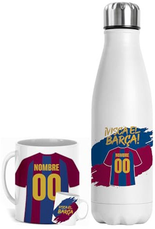 Set Taza y Botella Térmica Personalizada Fútbol | Regalo Original para Aficionados del Fútbol | Regalo Camisetas Equipos Futbol | Termo Acero Inoxidable Doble Capa 500 ml (Barcelona)